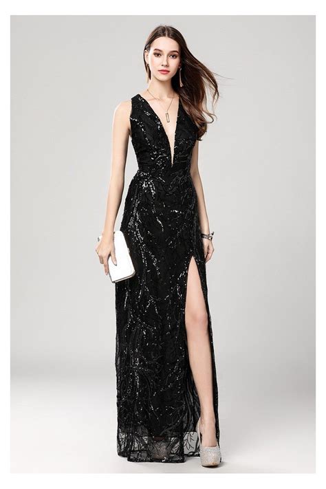 Sexy Black Sequin Deep V Neck Slit Prom Evening Dress 111 86 Ck644