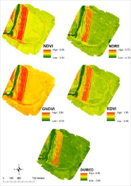 Spatial Distribution Of Vegetation Indices Ndvi Ndre Gndvi Rdvi And