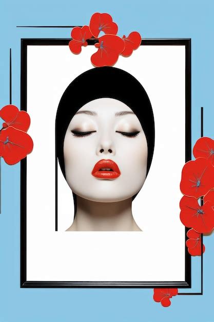 A Womans Face With Red Flowers On A Blue Background Premium Ai