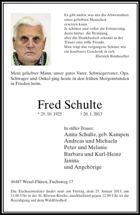 Alle Traueranzeigen F R Fred Schulte Trauer Rp Online De