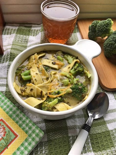 Cheesy Broccoli Pesto Noodle Soup Cindys Recipes And Writings