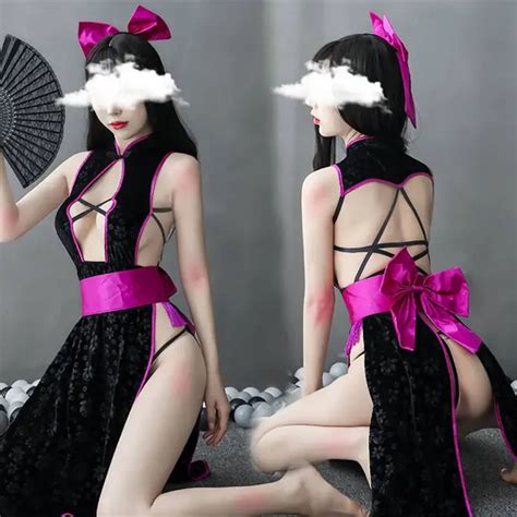 Sexy Lingerie Retro Cheongsam Hollow Split Holder Pentagonal Tunic