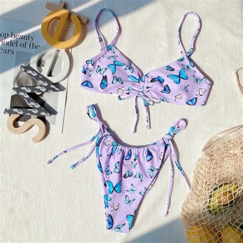 Bikini 2023 Sexy Swimwear Swimsuit Women Butterfly Print Drawstring