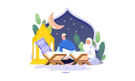 Premium Vector Muslim People Reading And Learning The Quran Illustration