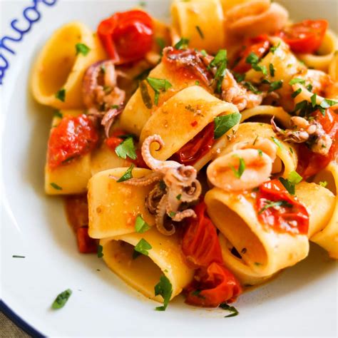 Calamarata Pasta Calamari And Tomato Sauce The Heirloom Pantry