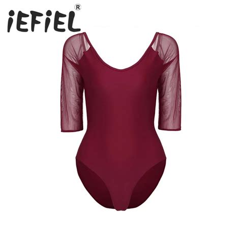 Iefiel Women Adults Mesh 3 4 Sleeve Stretch Camisole Gymnastics Dress