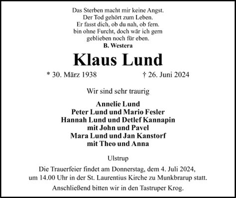 Traueranzeigen Von Klaus Lund Sh Z Trauer