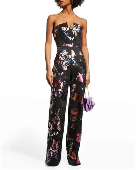 Black Halo Lena Strapless Metallic Floral Print Jumpsuit Lavish Bloom