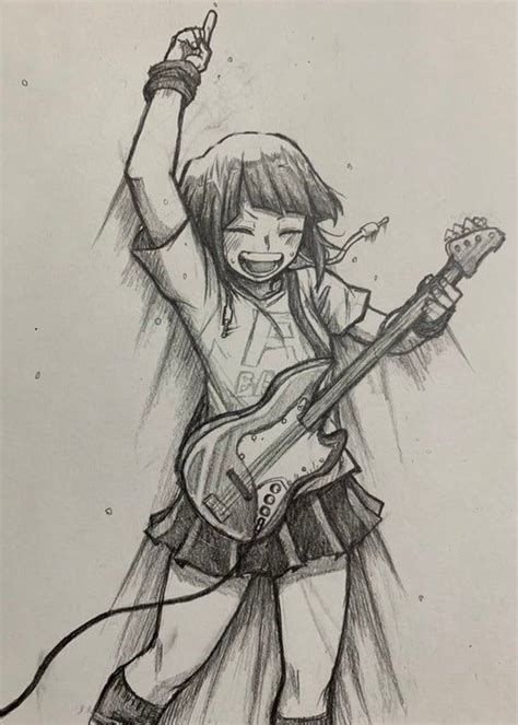 A Drawing Of A Girl Holding A Guitar And Pointing To The Sky With Her