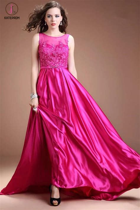 Fuchsia Long Satin Lace Beaded Cap Sleeves Prom Dresses Kpp0045 Kateprom