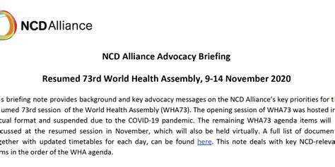 Ncd Alliance Advocacy Briefing Resumed 73rd World Health Assembly