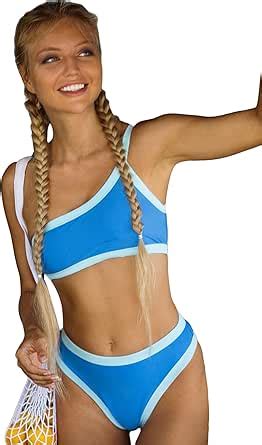 Amazon Oyoangle Women S Piece Bikini Set Colorblock One Shoulder Swimsuit High Waisted