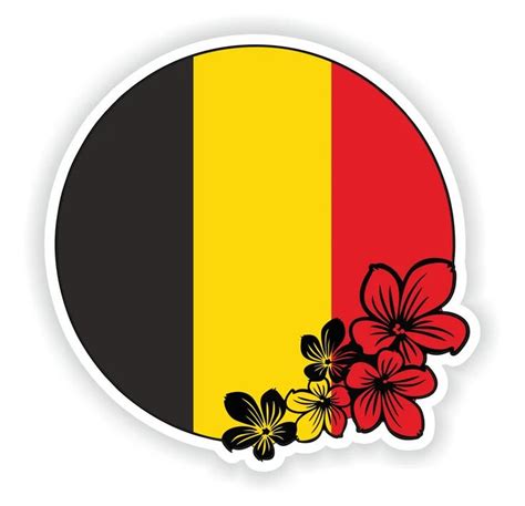 A Round Sticker With The Flag Of Belgium And Flowers On Its Side