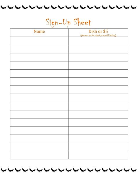 Printable Potluck Sign Up Sheet