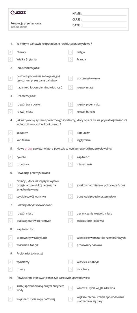 Ponad Rewolucja Przemys Owa Arkuszy Roboczych Dla Klasa W Quizizz