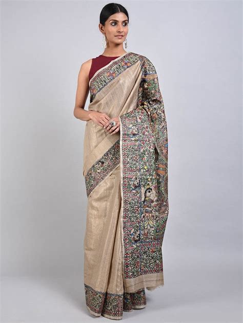 Buy Beige Hand Painted Madhubani Tissue Tussar Silk Saree Online At