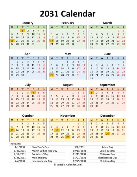 Download Editable 2031 Calendar With Us Holidays Portrait, weeks start on Sunday