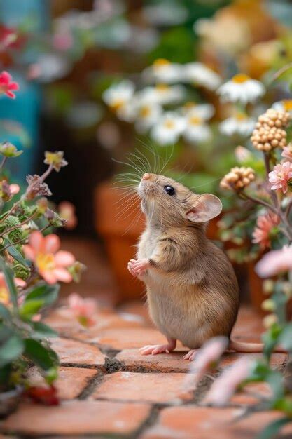 A Small Brown Mouse Standing On Its Hind Legs In A Flower Garden