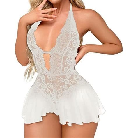 Lingerie Sexy pour Femme Nuisette en Dentelle Chemise en Maille Vêtements de Nuit Bridal Mini