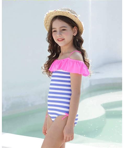 One Piece Swimsuit Girls Beach Wear Stripes Ruffle Swimwear Light