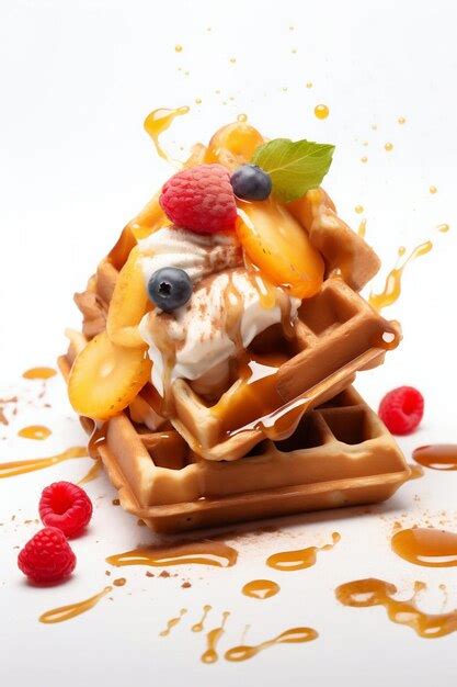 Premium Photo Waffle With Caramel Ice Cream And Fresh Fruits