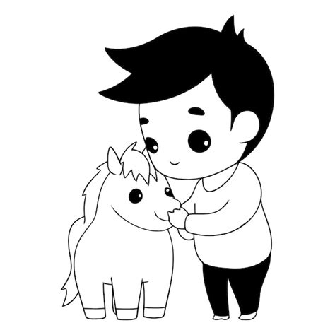 Um Menino Bonito A Brincar Um Cavalo Ao Estilo De Desenho Animado