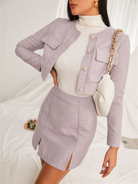 Plaid Tweed Crop Jacket Split Hem Skirt Pano Roupas Casuais Moda