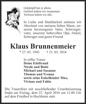 Traueranzeigen Von Klaus Brunnenmeier Trauer In Thueringen De