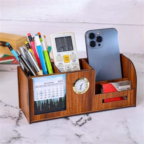 SHIVOM CRAFTS Wooden Desk Organizer With Clock Wooden Pen Stand