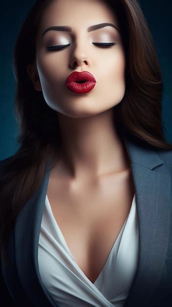 Premium Photo Brunette Secretary With Puffy Red Lipstick Lips Kiss