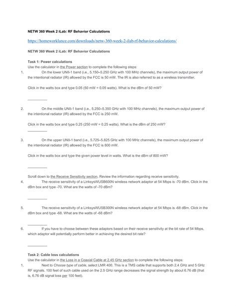 Netw 360 Week 2 I Lab Rf Behavior Calculations PDF