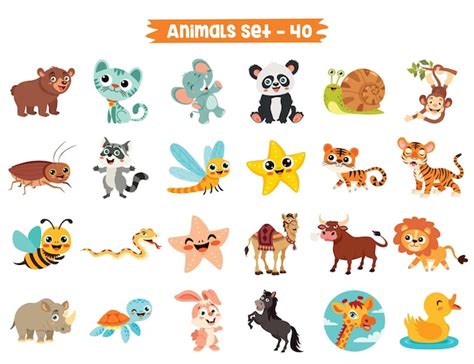 Conjunto De Animais Fofos De Desenhos Animados Vetor Premium