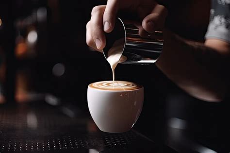 Premium AI Image Barista Pouring Milk Into Cup Of Coffee Closeup