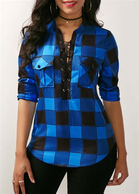 Rotita Plaid Print Lace Up Front Blouse Usd 50 77