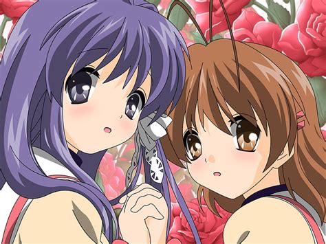 Hd Wallpaper Purple And Brown Haired Female Anime Characters Clannad