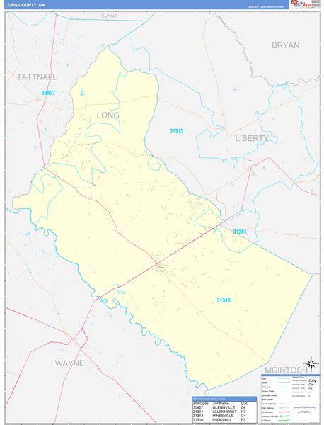 Long County, GA Zip Code Wall Map Basic Style by MarketMAPS - MapSales