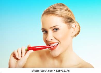 Happy Blonde Nude Woman Eating Chilli Stock Photo Shutterstock