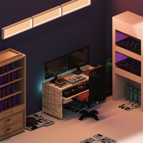 Orthogonal 3d Voxel Room With A Computer Desk In Focus Stock Photo