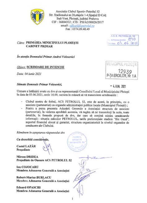 Scrisoare de intenție înaintată de ACS Petrolul 52 Ploiești către Primăria Municipiului Ploiești ...