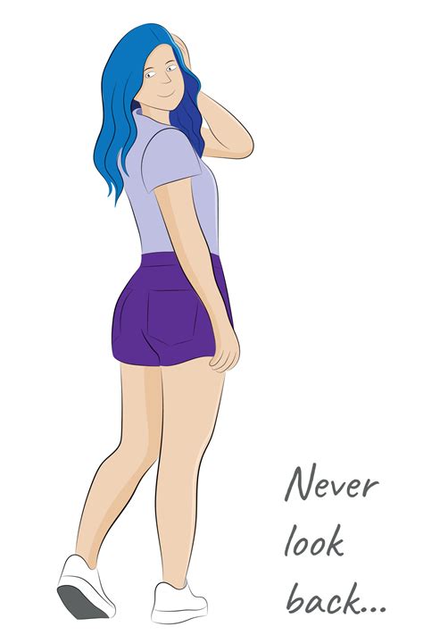 Portrait Of Cartoon Cute Girl With Blue Hair Who Turned Back Flat