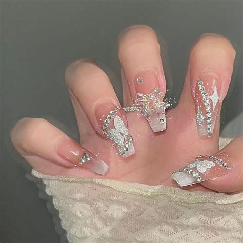 Handmade Nude Milky Ombre Glitter Sliver Star Butterfly Press On Nails Acrylic Nails Etsy