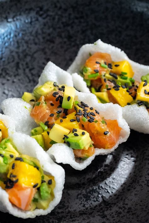 Avocado Mango And Salmon With Crispy Rice Chips — Bread Bake Beyond