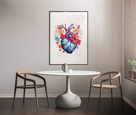 Heart Watercolor Art Print Anatomical Heart Art With Flowers Etsy