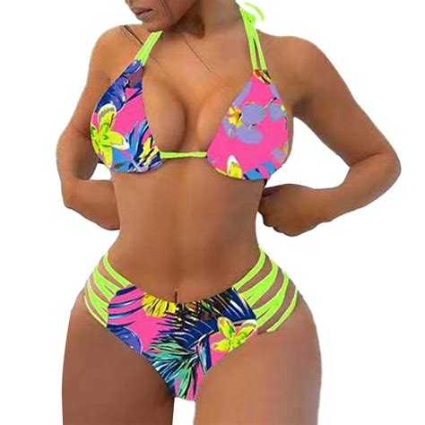 Aqitti Random Tropical Print Bikini Set Halter Triangle Bra Top Cut