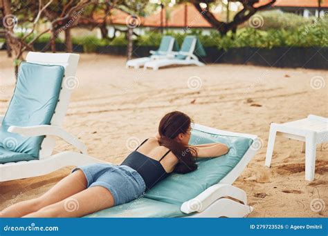 Woman Sand Beach Sea Ocean Lifestyle Smiling Young Resort Sunbed Lying