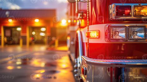 Close Up Of Fire Truck Lights At Dusk Outside A Fire Station 45904522