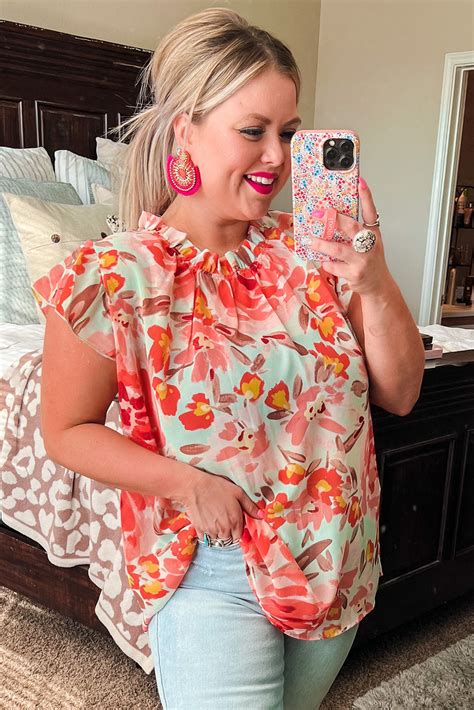 Us 5 9 Red Plus Size Watercolor Floral Print Frill Neck Blouse