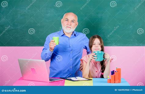 Modern Knowledge Schoolgirl And Tutor Laptop Modern Education Happy