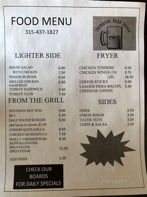 Menu Of Thompson Road Tavern In Syracuse NY 13206