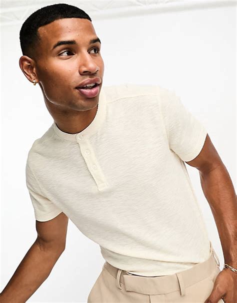 Asos Design Linen Look Henley T Shirt In Ecru Asos